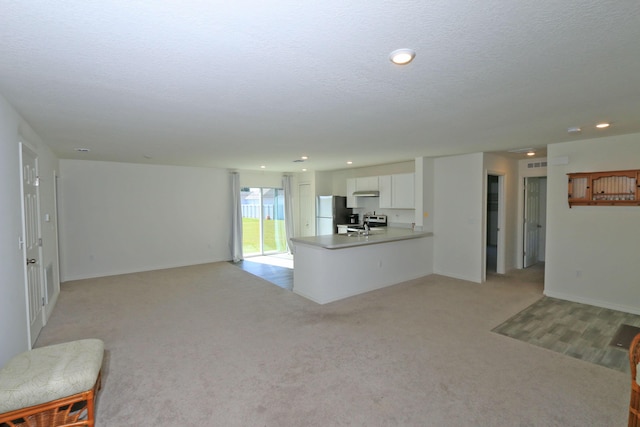 unfurnished living room with a textured ceiling, sink, and light carpet