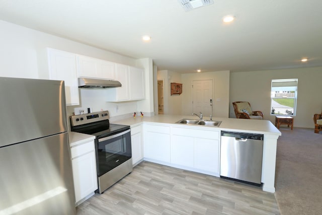 kitchen featuring white cabinets, sink, light wood-type flooring, kitchen peninsula, and stainless steel appliances