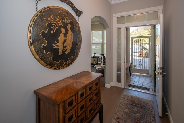 entrance foyer featuring dark hardwood / wood-style flooring and crown molding