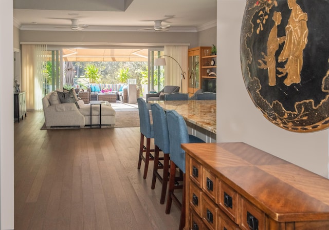 dining area featuring ceiling fan, dark hardwood / wood-style flooring, and ornamental molding