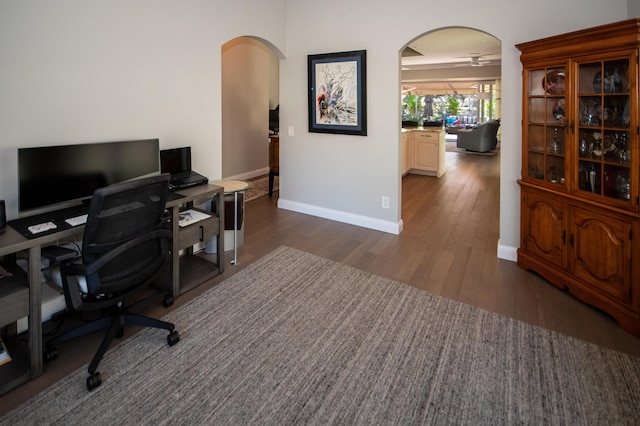 office area with ceiling fan and dark hardwood / wood-style floors