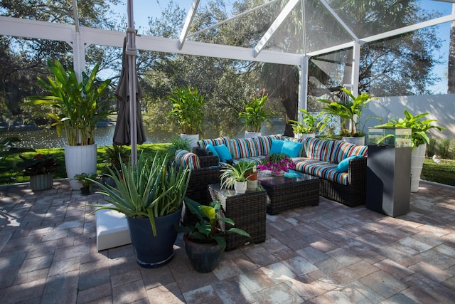 view of patio with a lanai and outdoor lounge area