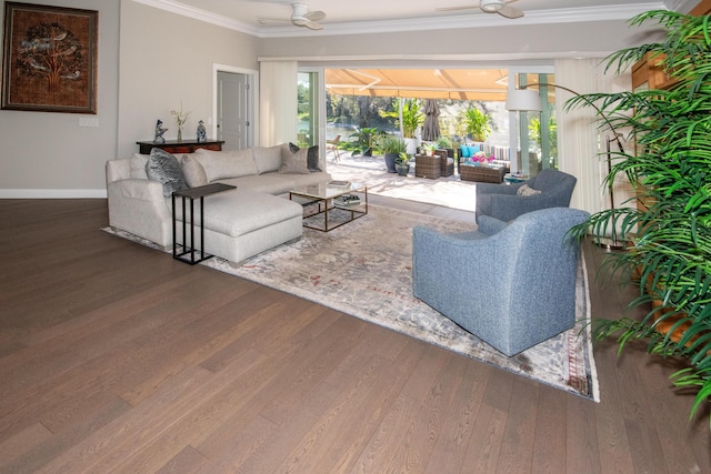 living room with ceiling fan, ornamental molding, and hardwood / wood-style floors