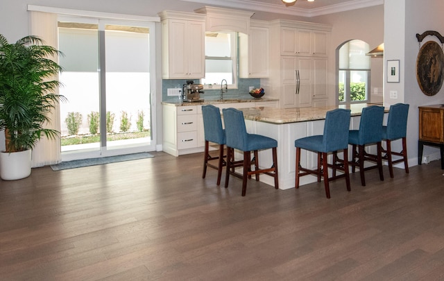 kitchen with light stone countertops, a kitchen bar, white cabinetry, sink, and dark hardwood / wood-style floors