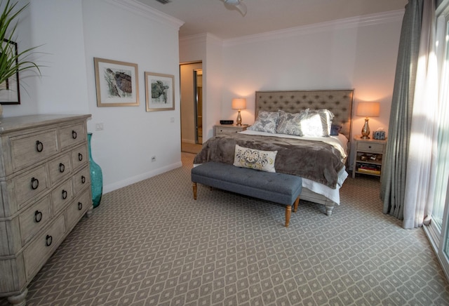 carpeted bedroom featuring ornamental molding