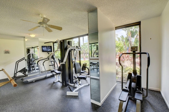 gym with a textured ceiling, expansive windows, and a healthy amount of sunlight