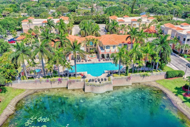 bird's eye view with a water view