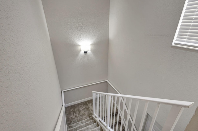 stairway featuring carpet floors and a textured ceiling