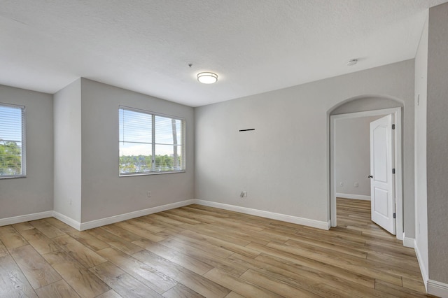 empty room featuring a textured ceiling, light wood-type flooring, and plenty of natural light