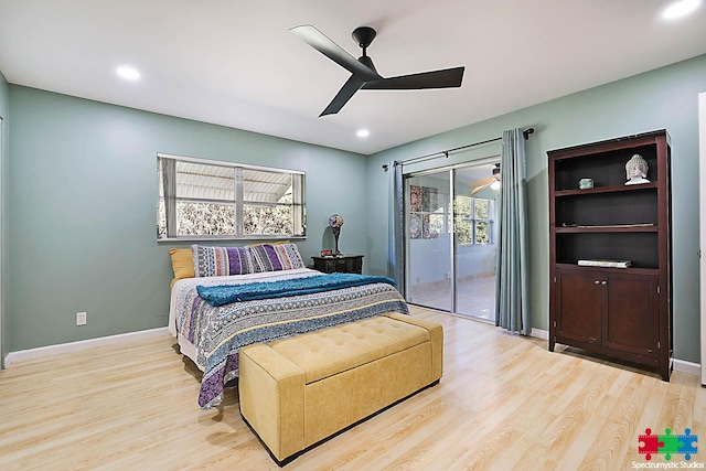 bedroom featuring access to outside, ceiling fan, and light hardwood / wood-style floors