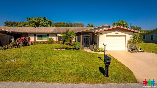 ranch-style house with a garage and a front lawn