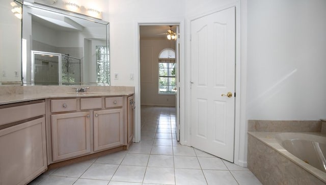 bathroom featuring vanity, tile patterned floors, ceiling fan, and independent shower and bath