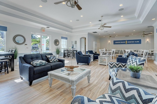 living room with a raised ceiling and ornamental molding