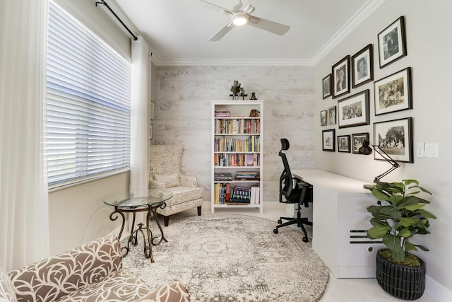 office with ceiling fan and crown molding