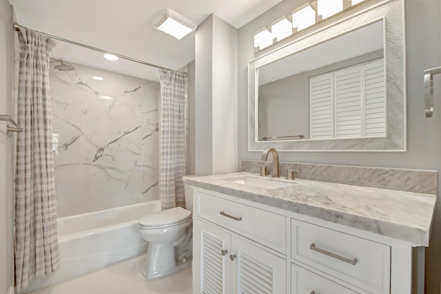 full bathroom featuring vanity, shower / bathtub combination with curtain, and toilet