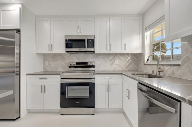 kitchen featuring backsplash, sink, white cabinetry, and stainless steel appliances