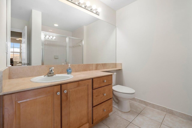 bathroom featuring tile patterned floors, vanity, toilet, and an enclosed shower