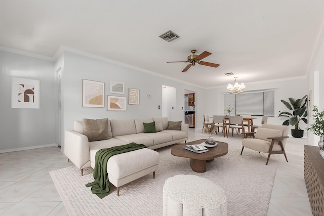 living room featuring ceiling fan with notable chandelier and ornamental molding