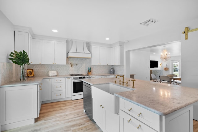 kitchen with white cabinets, stainless steel range with electric cooktop, custom range hood, and decorative backsplash