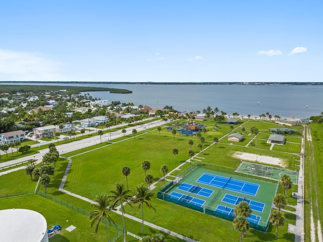 aerial view featuring a water view