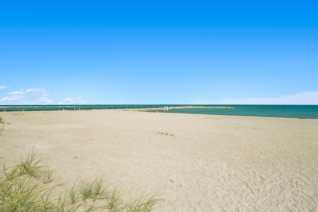 view of water feature with a beach view