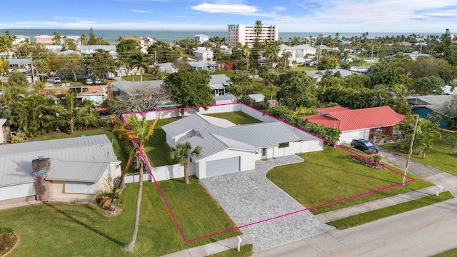 drone / aerial view featuring a water view