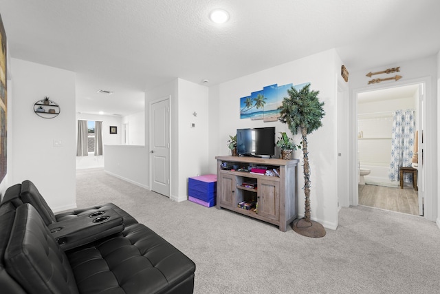 carpeted living room with a textured ceiling