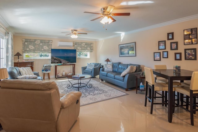 tiled living room with a wall unit AC, ceiling fan, crown molding, and plenty of natural light