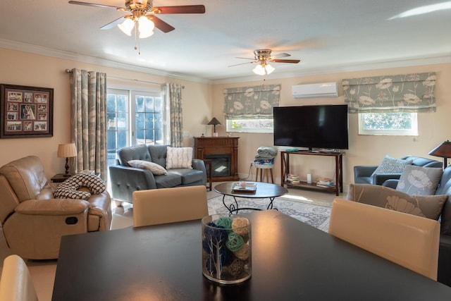 living room featuring a wall unit AC, ceiling fan, and crown molding