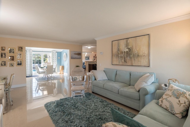 living room featuring light tile patterned floors and crown molding