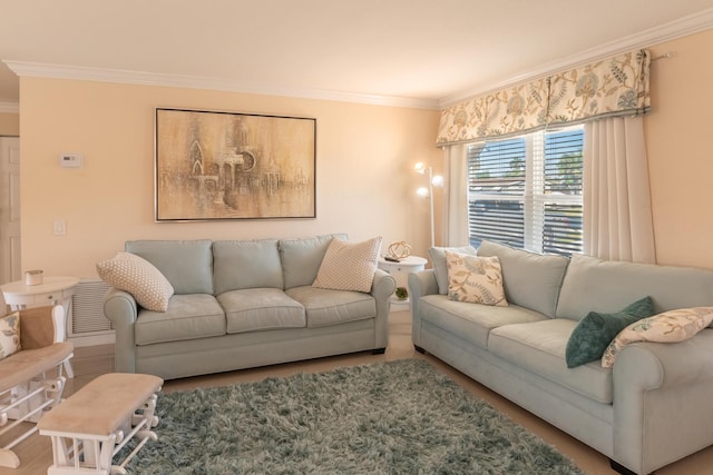 living room with crown molding