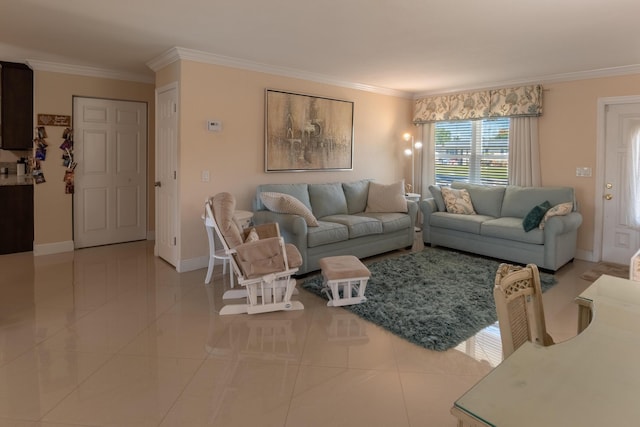 tiled living room featuring ornamental molding