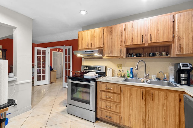 kitchen with electric range, dishwasher, french doors, sink, and light tile patterned flooring