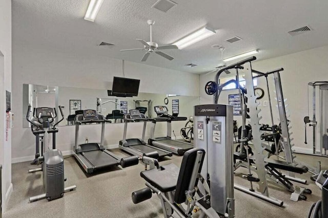 gym featuring ceiling fan and a textured ceiling