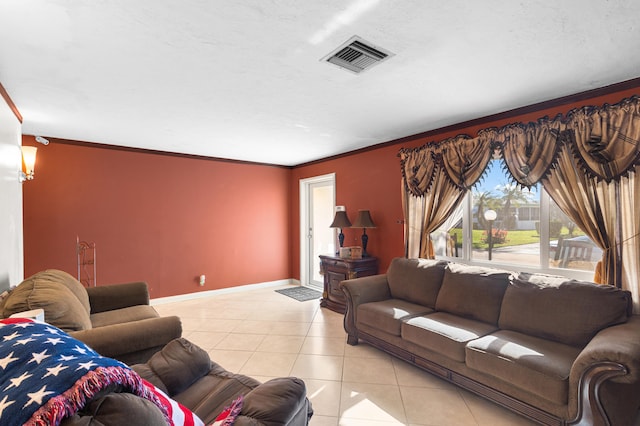 tiled living room featuring ornamental molding