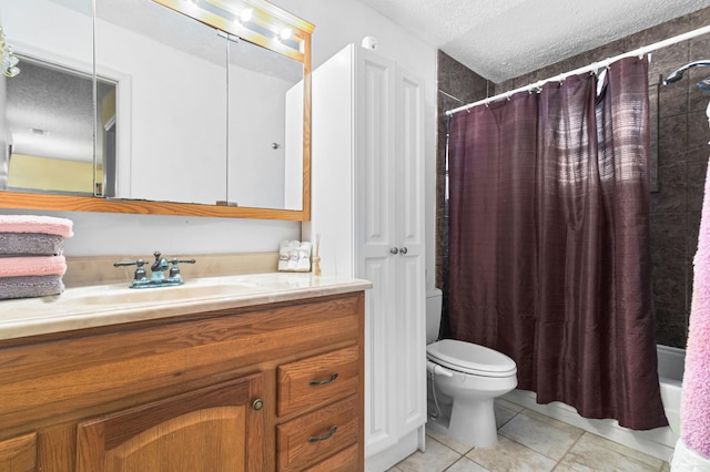 full bathroom with tile patterned floors, a textured ceiling, toilet, shower / bath combo with shower curtain, and vanity