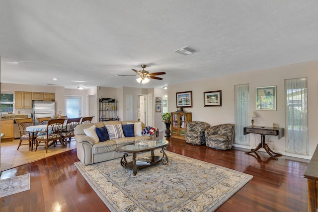 living room featuring a wealth of natural light, ceiling fan, dark hardwood / wood-style floors, and a textured ceiling