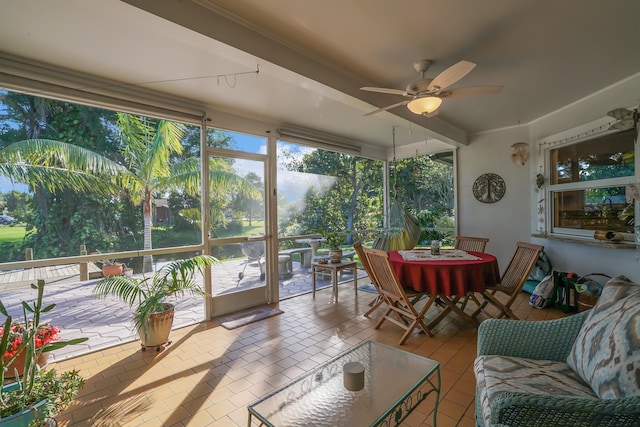 sunroom featuring ceiling fan