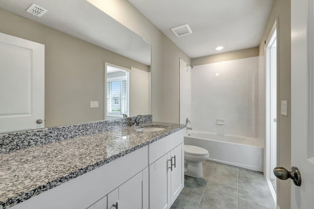 full bathroom with tile patterned flooring, vanity, shower / bathtub combination, and toilet