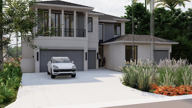 view of front of property with a balcony and a garage