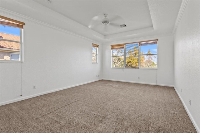 carpeted spare room with a tray ceiling, ceiling fan, and ornamental molding