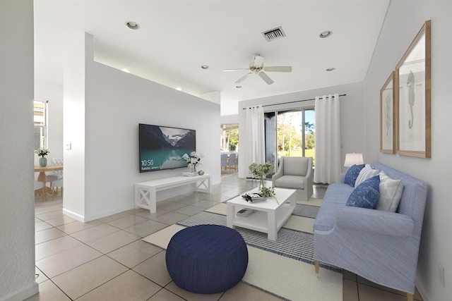 tiled living room featuring ceiling fan