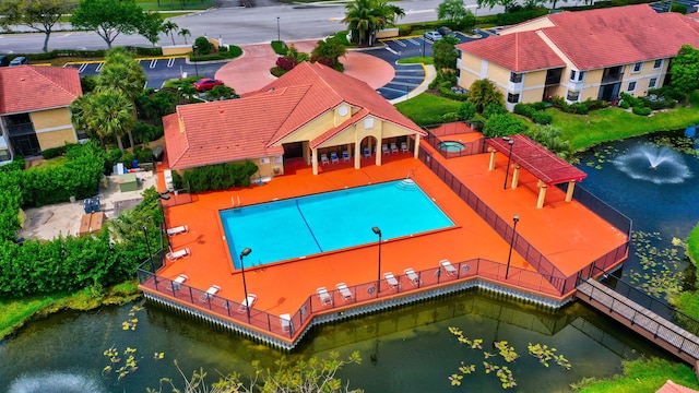 aerial view featuring a water view