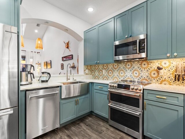 kitchen with dark wood-type flooring, sink, and stainless steel appliances