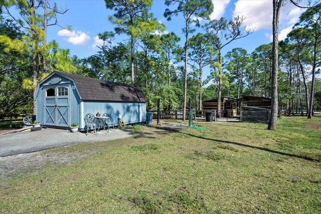 view of yard featuring a storage shed