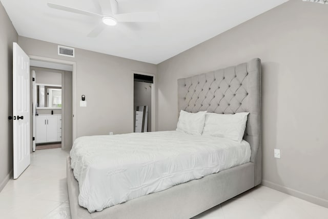 bedroom featuring visible vents, baseboards, and ceiling fan