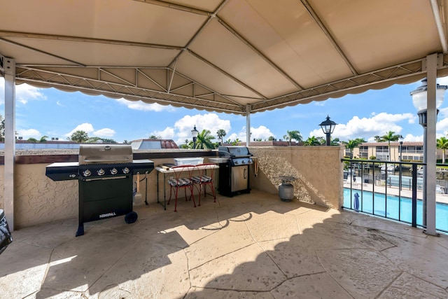 view of patio / terrace featuring a fenced in pool and a grill