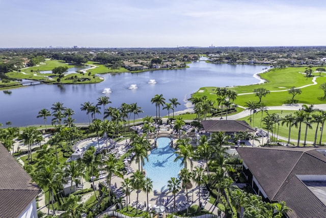 bird's eye view featuring a water view and golf course view