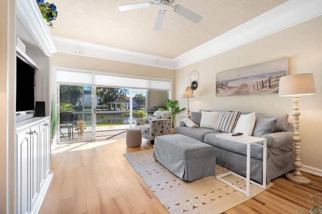 living room featuring crown molding, a textured ceiling, a ceiling fan, and wood finished floors