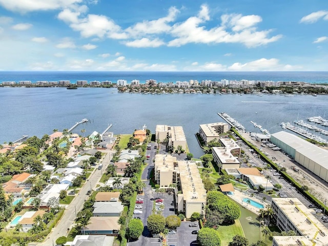 bird's eye view with a water view